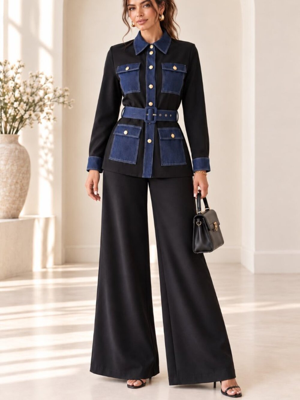 A Peach Denim & Black Color Block Pants Set